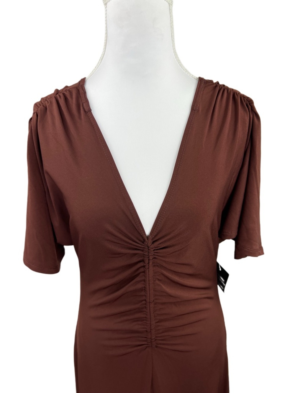 NWT Boston Proper Size Medium Ruched Maxi Dress Brown Deep V Stretch Bodycon - Picture 2 of 8